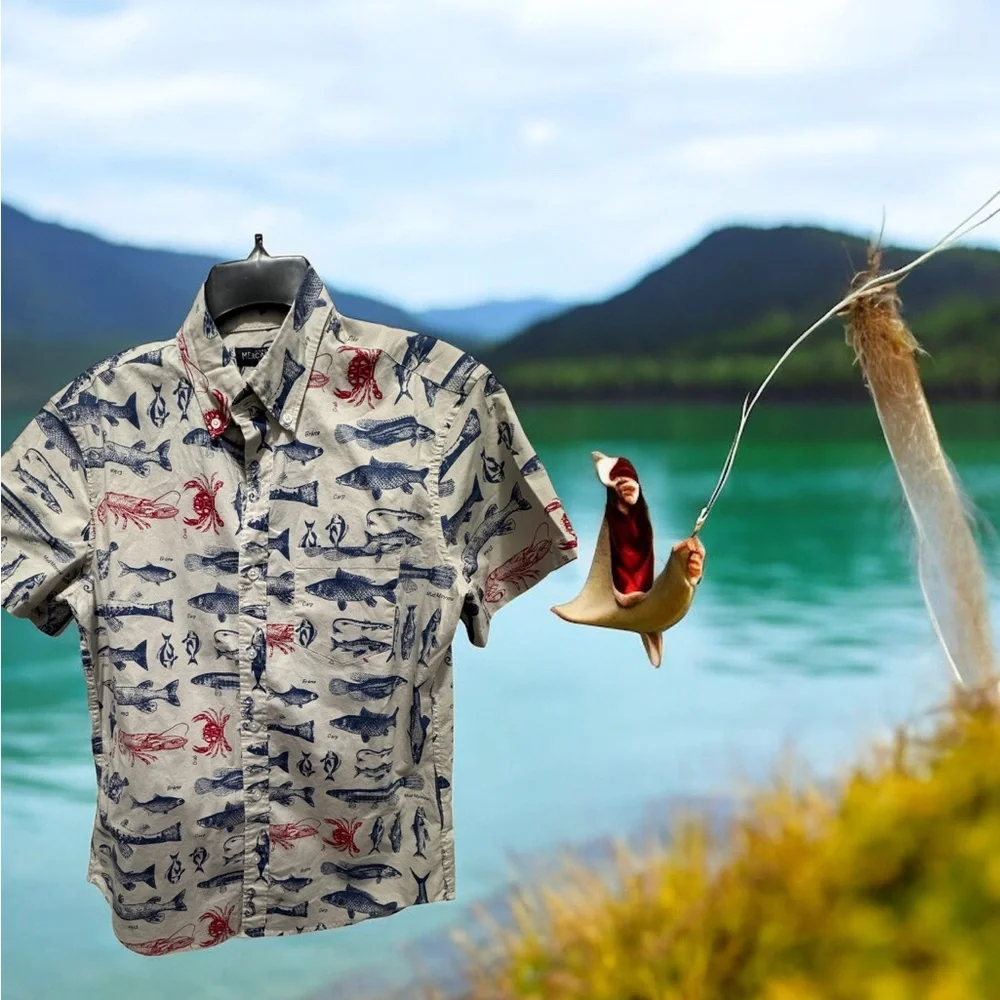 J. Crew mercantile Blue and Red Casual Button Down fish print Shirt size medium
